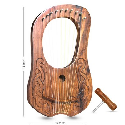 10 String Celtic Lyre Harp Handmade Solid Wood Celtic Knot Design w/ Tuning Key