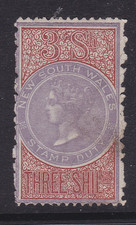 NSW 1874 -1880 3/- Brown & Purple QV STAMP DUTY LONG TYPE LIGHT USED (SC27.12)