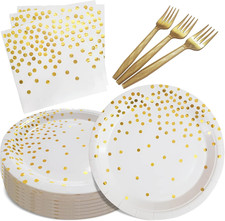 105PCS White Gold Paper Plates Napkins Forks Party Supplies Set Serves 35 Guests