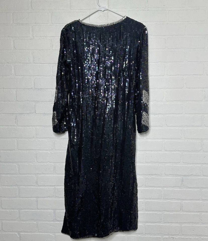 Vestido de lentejuelas vintage años 80 para mujer mediano negro seda plata funda fiesta Año Nuevo Foto 3 de 4
