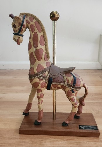 Vintage PJ's Carousel Giraffe Dentzel Style Wooden Base w Plaque. Brass Pole