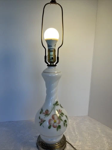 Beautiful Antique Milk Glass Hand Painted Floral Table Lamp. Works!!24” Tall