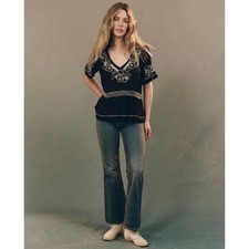 The Great Crest V Neck Short Sleeve Top Black Embroidered Peplum Blouse NWT 3 L