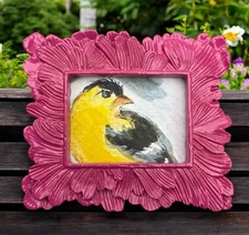 Gold Finch mini art watercolor print in vintage style ornate frame