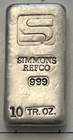 Vintage Simmons Refining 10 T-oz  .999 Old Pour Silver Bar.  Rare Type A Variety