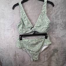 Sage Green Floral Ditsy High Waisted Bikini Set V-Neck Twist Front Two-Piece
