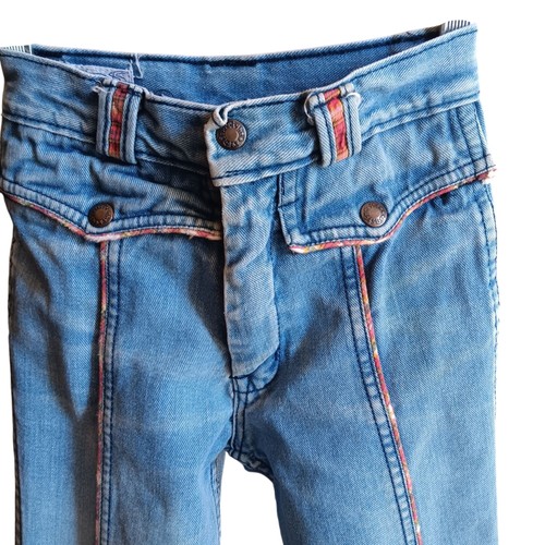 6X 21x20 Vintage 1970s Childrens Denim Jeans With Rainbow Stitching Flare Hippy