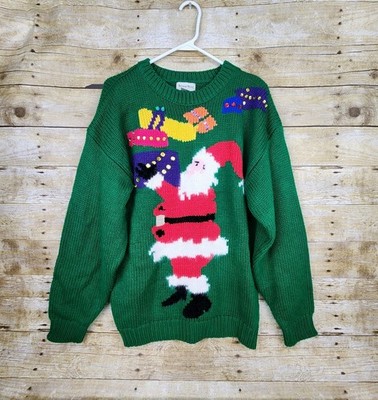 Vtg Boundary Waters Christmas Sweater Womens Med 80s 90s Green Santa Rhinestones