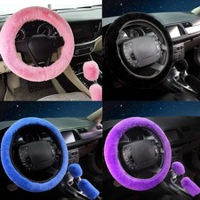 3pcs Set Fluffy Thick Faux Fur Car Steering Wheel Plush Cover Soft Winter 80 Ch