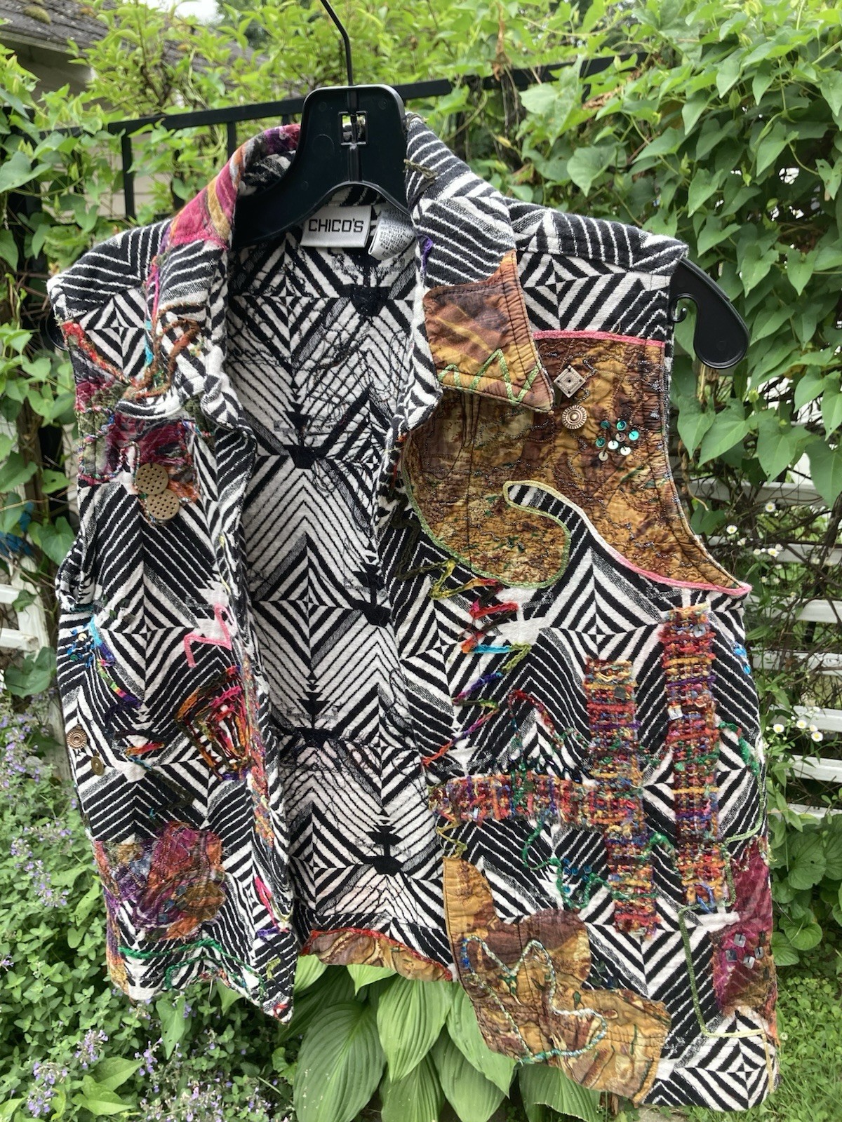 Chico's Boho silk appliqué Patchwork Sequins Open… - image 1