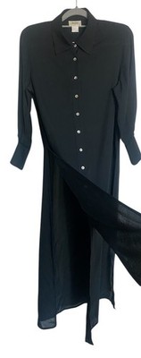 Neiman Marcus 100% Silk Button Down Maxi Shirt/Tunic Side Slit Black Size M