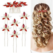 Red Rhinestone Hair Side Comb UShaped Hair Pins Bridal Wedding Accessory 7 PCS