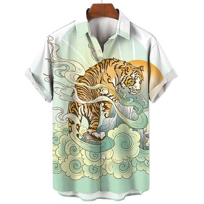 Herren Button-Down weiß Tiger orientalischer Druck Hawaii Oberteil Neuheit Urlaub Hemd