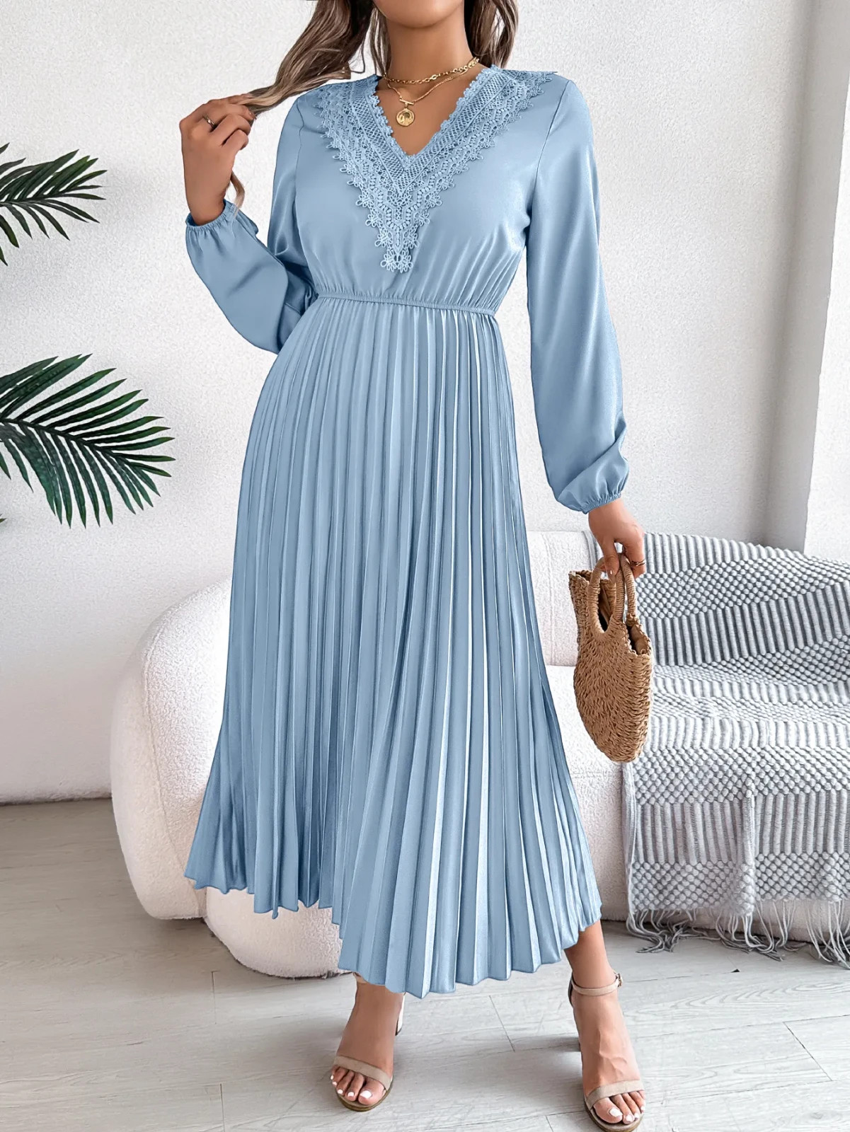 Maxi Vestido Para Mujer Elegante Cuello en V Encaje Corbata Cintura Plisado (Tallas: L, M, S, XL)