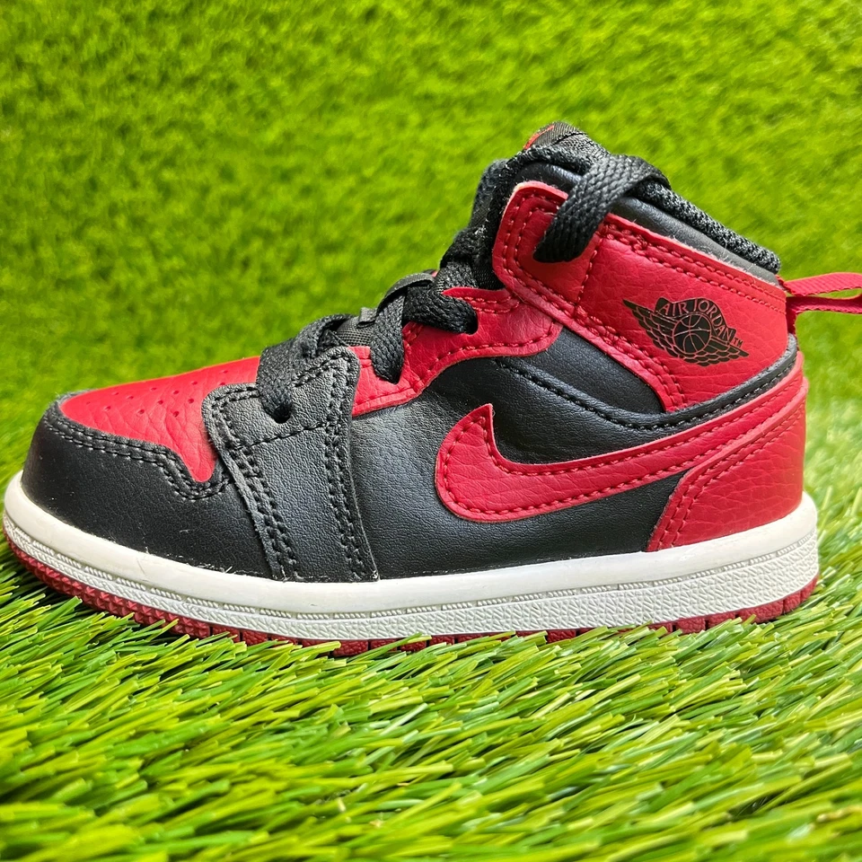Nike Air Jordan 1 Mid Toddler Size 7C Red Black Athletic Leather Shoes Sneakers - Image 3 of 4