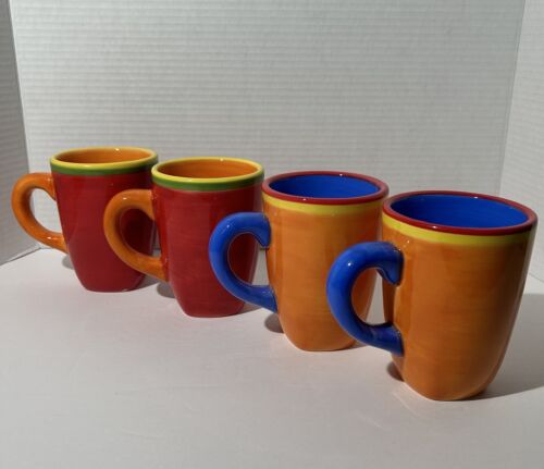 4 Dansk Hand Painted Caribe Square Coffee Mugs - Bahama Blue & Aruba Orange - Picture 1 of 10