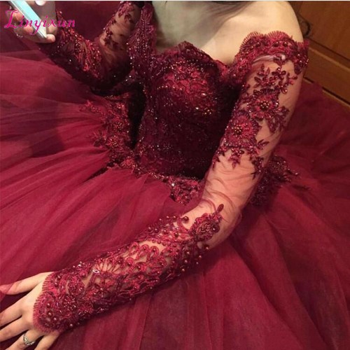 burgundy gown with sleeves