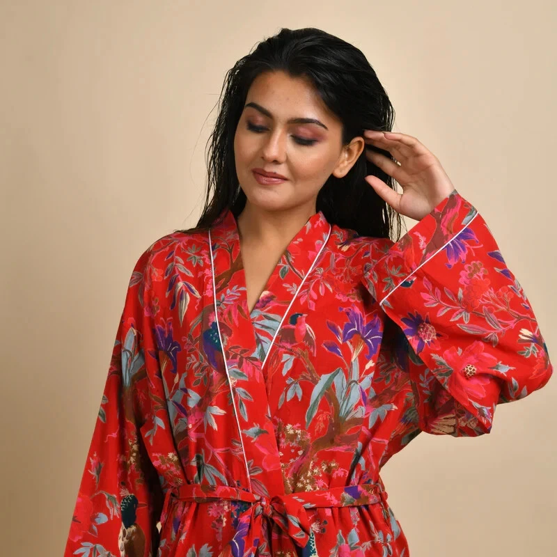 Индийский 100% хлопок длинный кимоно женщин халат красный цвет птица печати кимоно халат - Изображение 4 из 4