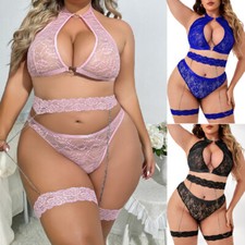 Plus Size Women's Lace Lingerie Set Sexy Bra G-String Garter Belt Underwear Set