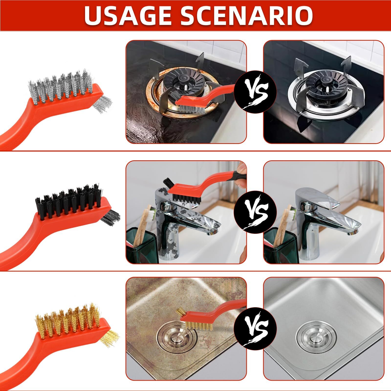 3 Pcs Wire Brushes for Cleaning Rust, Wire Brush Set - Brass/Stainless Steel