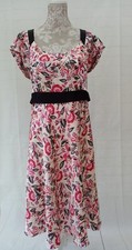 Savoir Ladies Dress Size 20 Red Pink Black Beige Floral Flared Tie Belt Round Ne