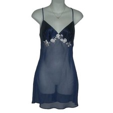 Fredericks Of Hollywood Lingerie Blue Embroidered Flowers Sheer Beaded Nightie M