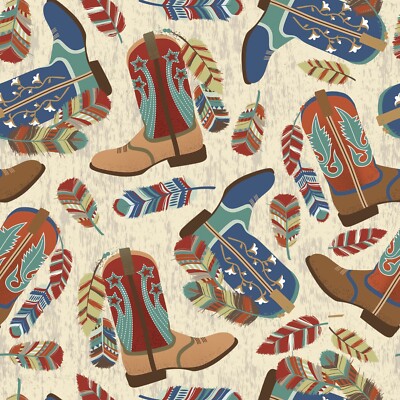 Boots Feathers Western Cowboy David Textiles Sewing Cotton Fabric 1/2 Yard