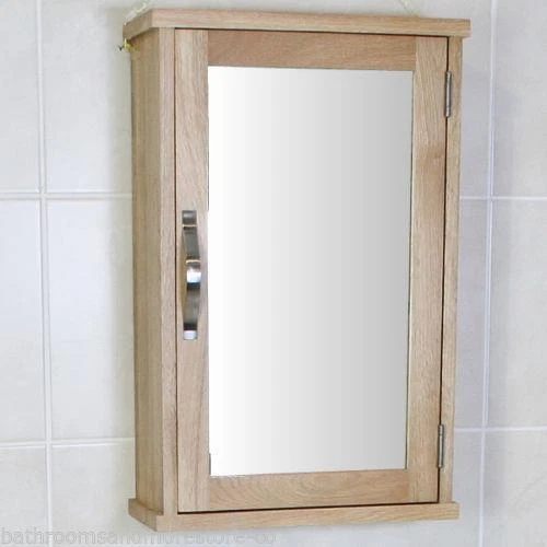 Oak Wall Mounted Mirrored Bathroom Cabinet | Overhead Unit with Shelf 351 - Picture 1 of 7