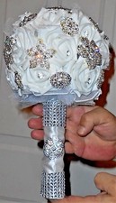 Bridal Bouquet Silver Clear Gem Brooch Pin Bling White Latex Roses Satin Tulle