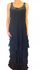 RICKIE FREEMAN  TERI JON NAVY SILK CHIFFON BEADED SLEEVELESS LONG DRESS GOWN 6
