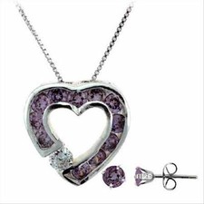 925 فضي Amethyst CZ Heart Pendant and Stud أقراط طقم