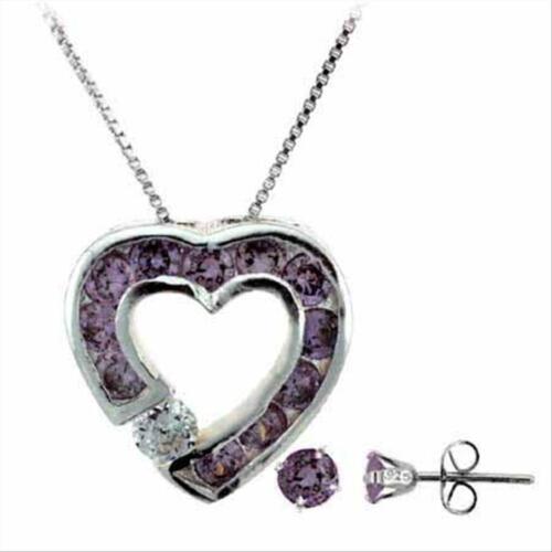 925 Silver Amethyst CZ Heart Pendant and Stud Earrings Set - Picture 1 of 1