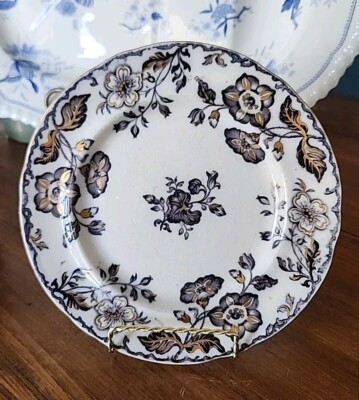 8.3/4'' Antique Mulberry Transferware Gold Gilded Plate  ''Clematis''