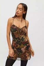 UO Elodie Printed Mesh Mini Dress Size Medium Brown Multi 90s Sweetheart