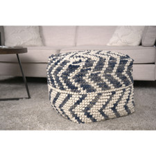 Wool Cotton Blend Pouf Ottoman, Natural Blue, 16" Square, 200 lbs Capacity