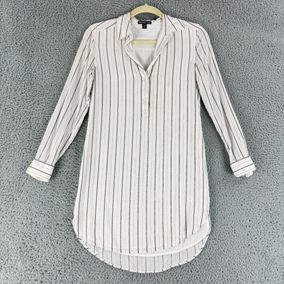 James Perse Shirt Dress Womens Size 0 White Striped Long Sleeve V-Neck Short