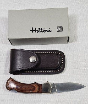 Hattori Folding 3.5'' Blade Knife, Leather Case And Box. New. Wooden Handle.