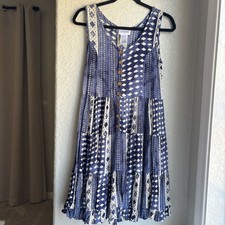 Womens S Vintage Midi Dress Sleeveless Boho Patchwork Blue Geometric 90S Hippie