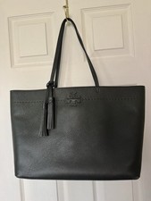 Tory Burch McGraw Pebbled Leather Tassel Large Tote Bag Forest Green color