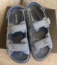 Size 37.5EU NEW w/ Receipt CHANEL 25B Denim Blue CC logo DAD sandals G35927
