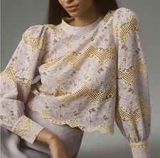 Anthropologie DOLAN LONG-SLEEVE MOCK-NECK LACE TOP PURPLE PUFF SLEEVES  Large