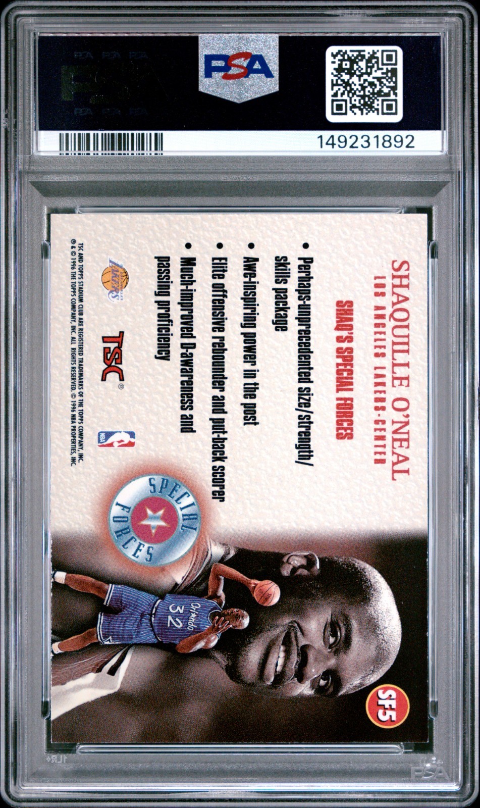Shaquille O'Neal  1996 Topps Stadium Club Special Forces #SF5 PSA EX 5 view 2