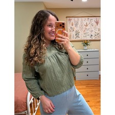 Mango Olive Green Eyelet Long-Sleeve Top XS