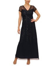 Adrianna Papell Womens Beaded V Neck Gown Dress, navy, 4