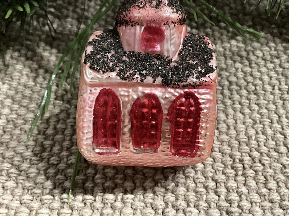 复古西德吹制玻璃圣诞装饰品粉色教堂黑色云母 — 第 3/4 张图片