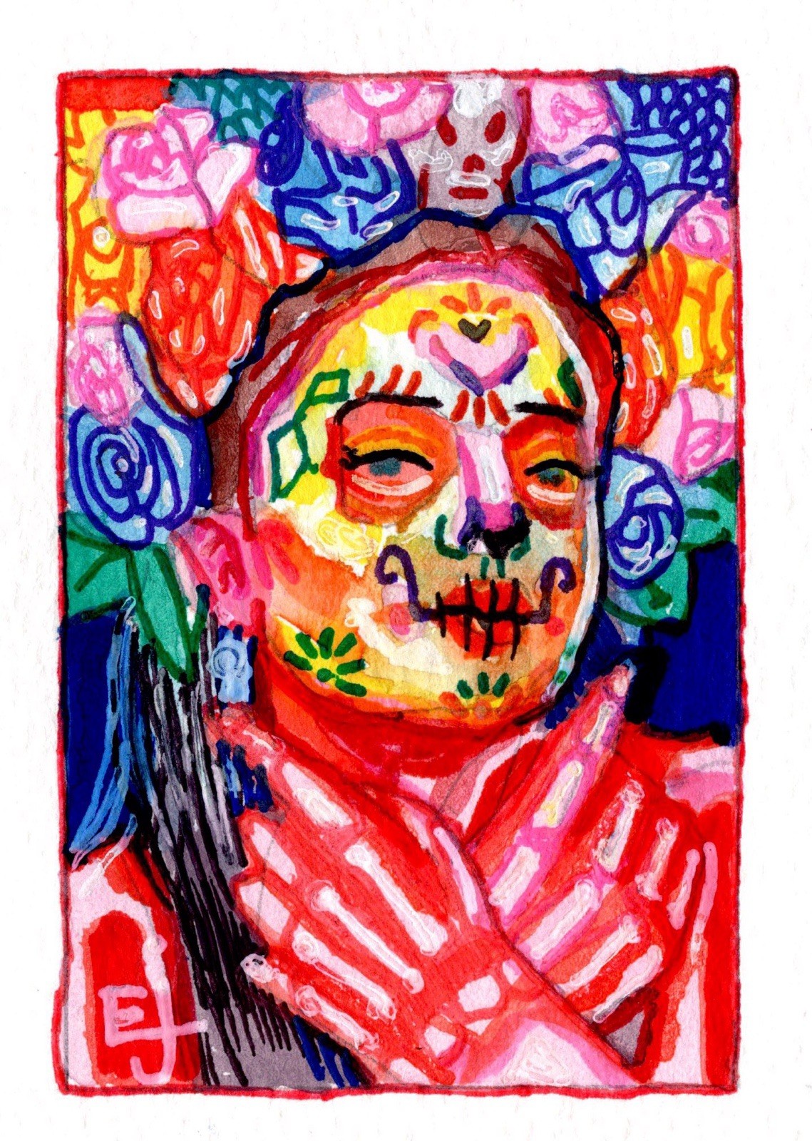 ACEO Original Mini Miniature Watercolor Marker EjL Art Studio Sugar Skull DOTD