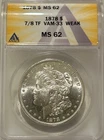 1878 7/8tf Morgan Silver Dollar ANACS MS62 Weak VAM-33 Doubled Legs