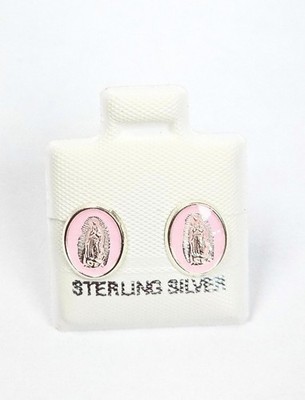 Jungfrau von Guadalupe Emaille rosa oval Ohrstecker 925 Sterling Silber - 10 mm