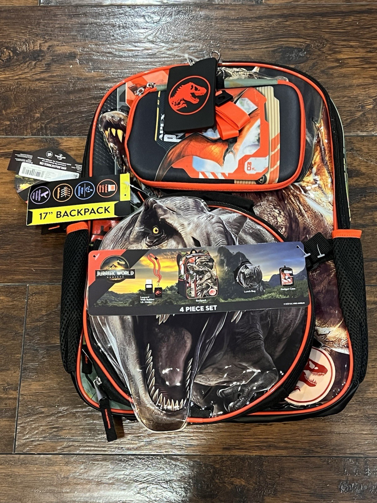 Set 17" Black Dino School Bag New