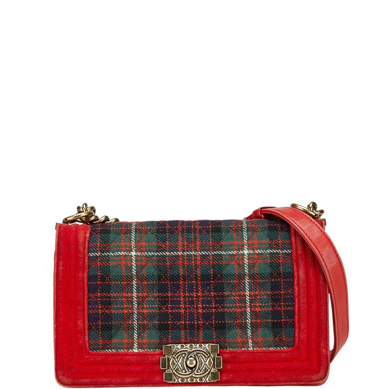 Chanel Matelasse Boy 25 Red Multicolor Velour Wool Crossbody Shoulder Bag with Chain